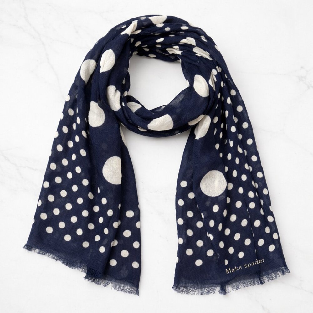 Kate Spade New York Breezy Dot Oblong Scarf 100% Viscose Navy Cream NWT OS